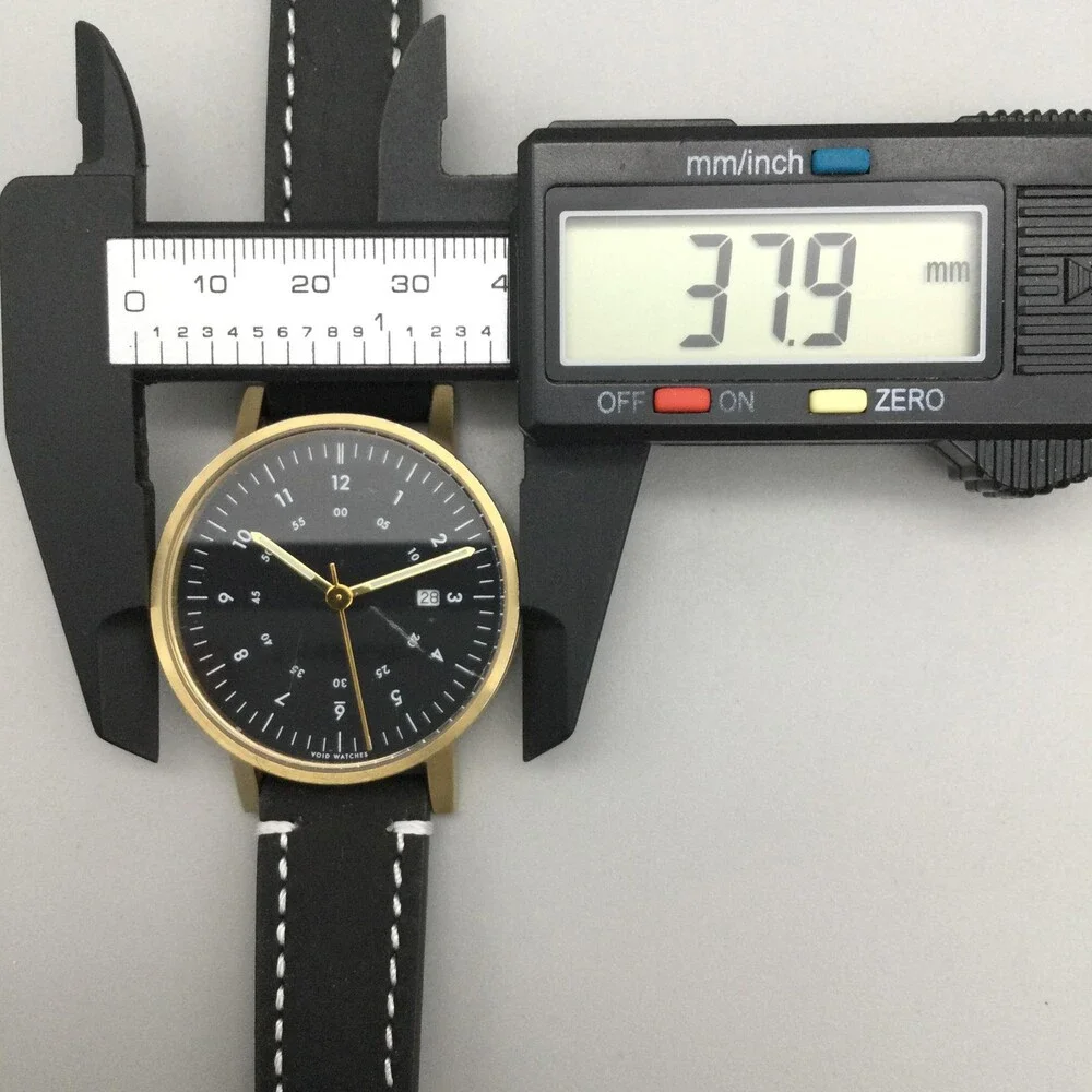 VOID Mens Watch 38mm Black Dial Gold Tone Leather Date V03B New Battery